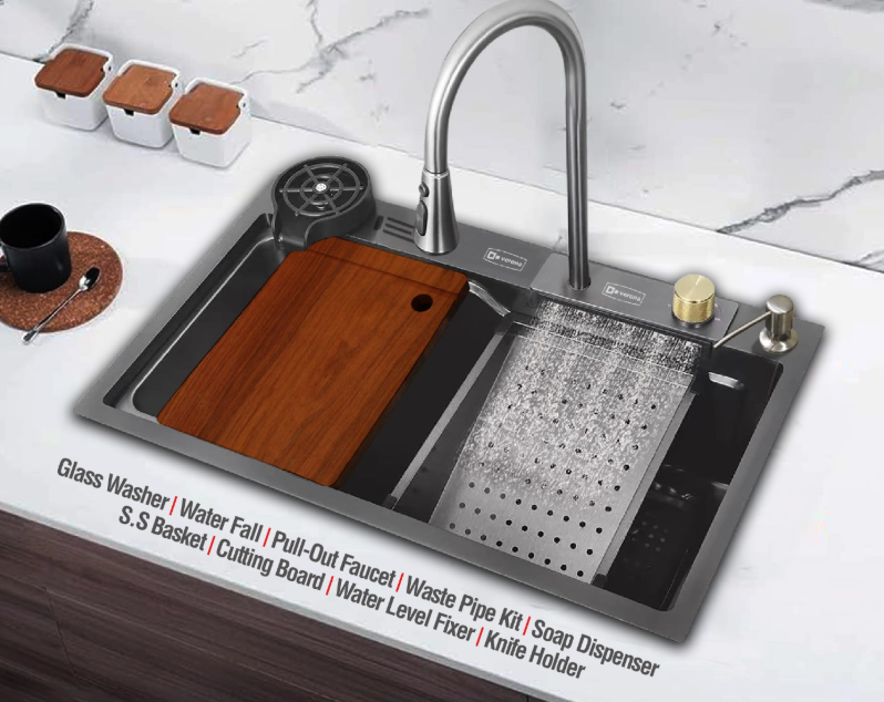 Waterfall Sink Silver | Stainless Steel Kitchen Sink with Faucet